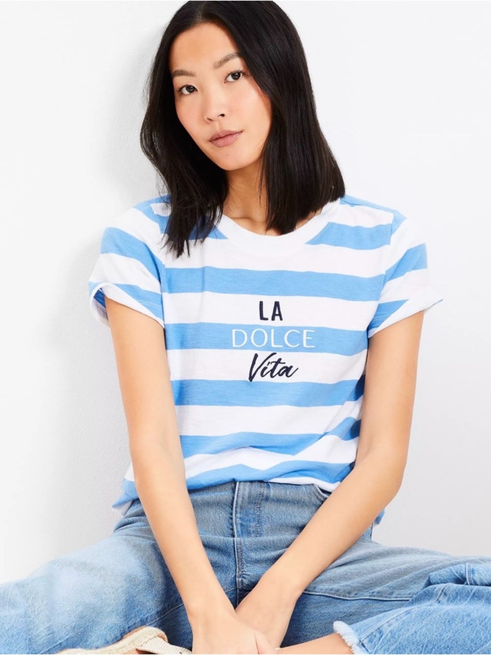 Striped 'La Dolce Vita' Blue & White Tee ( Loft)
100% cotton